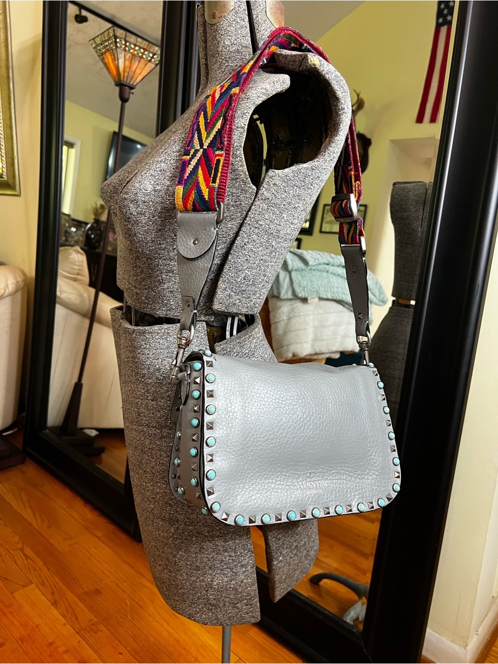 VALENTINO GARAVANI GUITAR ROCKSTUD ROLLING TURQUOISE STUDDED GRAY CROSSBODY BAG - Picture 16 of 17